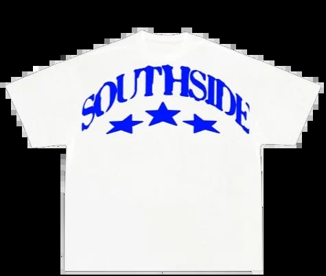 White t-shirt with blue Southside text and three stars graphic on front