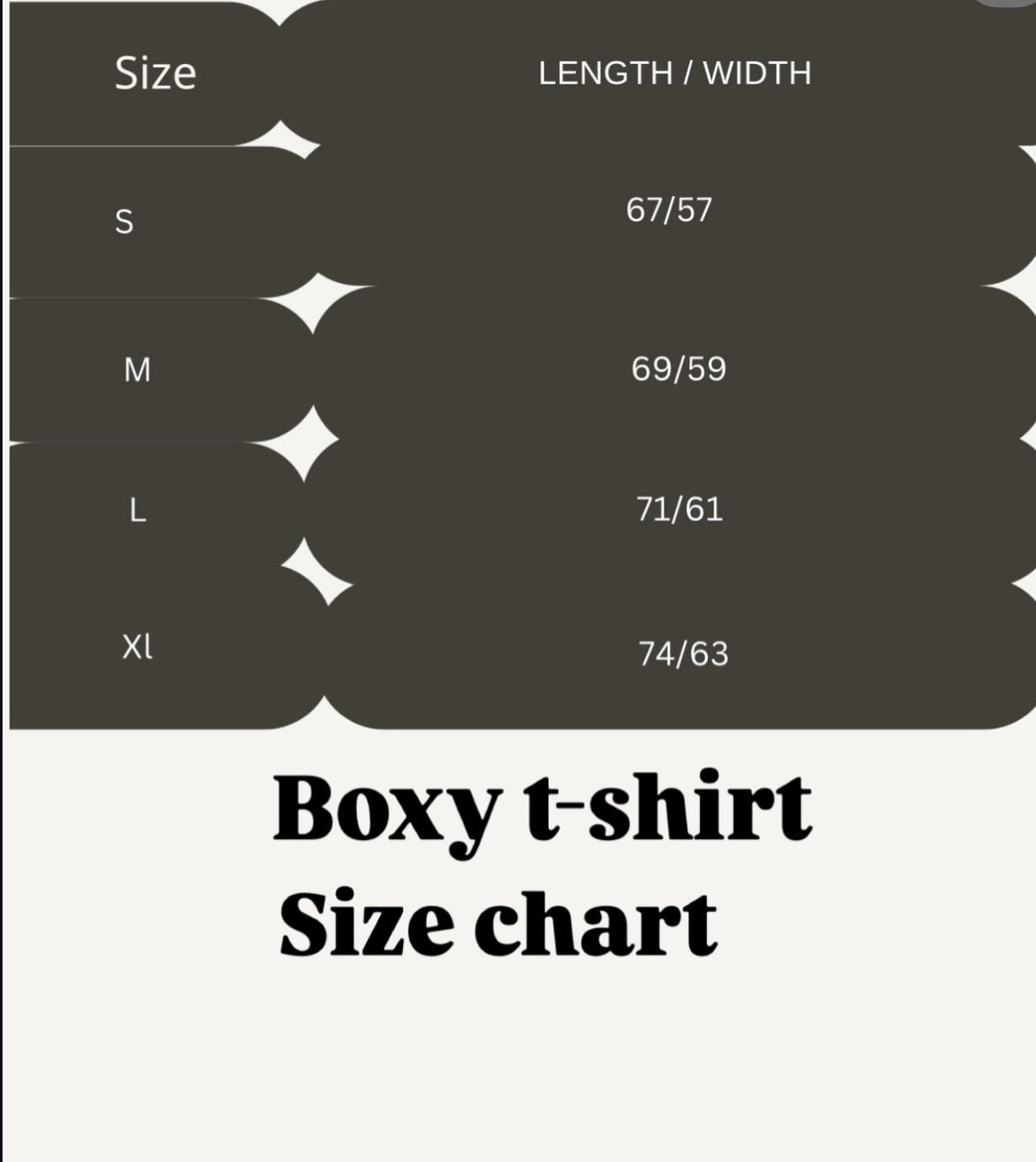 Boxy t-shirt size chart showing measurements in length/width for sizes S, M, L, and XL