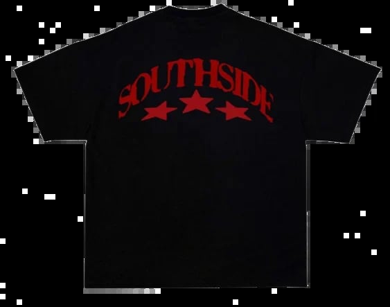Black t-shirt with red Southside text and stars graphic on chest